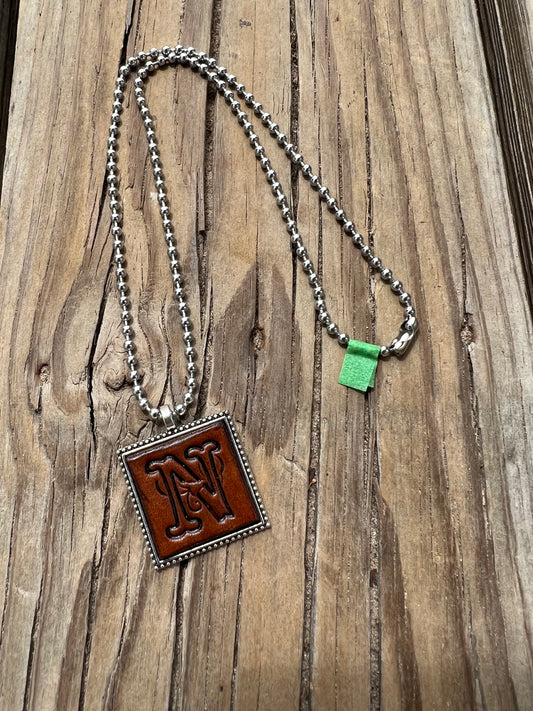 Fancy Scroll Letter 'N' Initial Leather Pendant Necklace