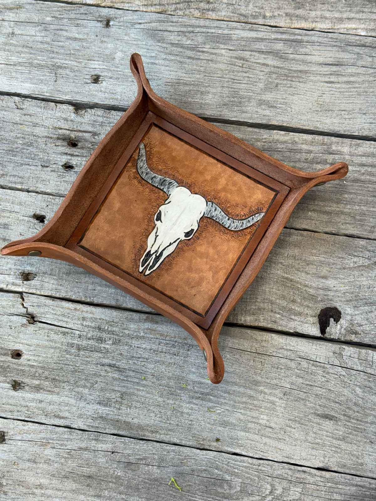 Carved Longhorn Leather Valet Tray