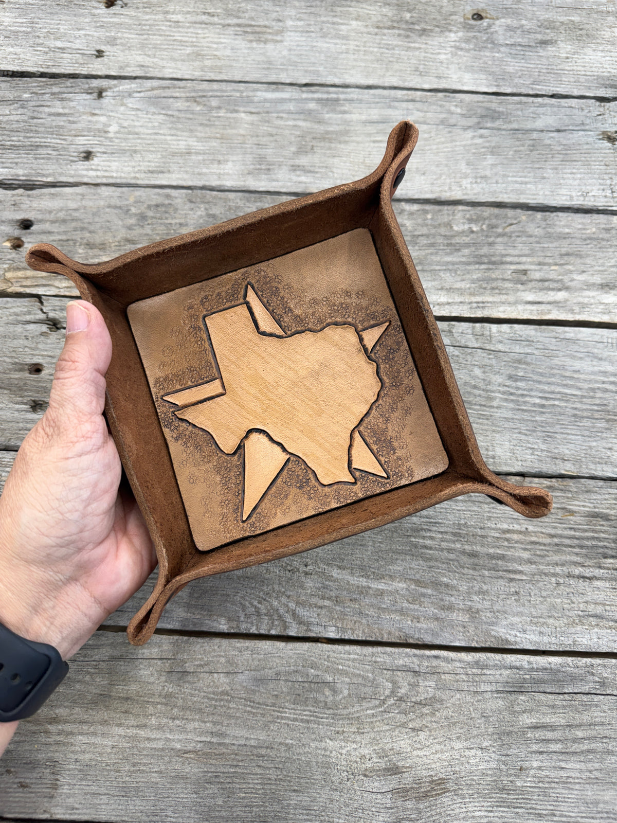 Carved Texas Star Leather Valet Tray