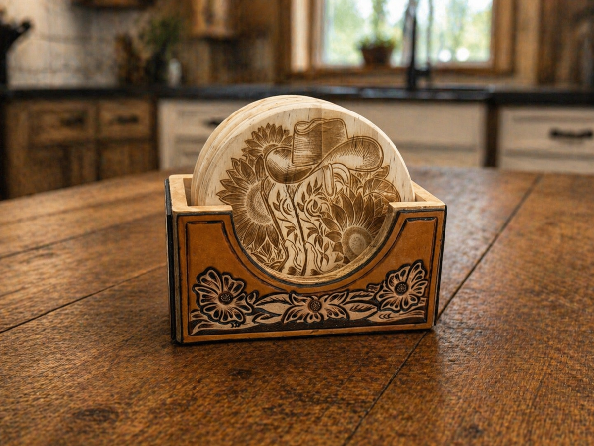 Western Coaster Set with Tooled Leather Holder – Cowboy Boot & Sunflower Engraved Wood Coasters