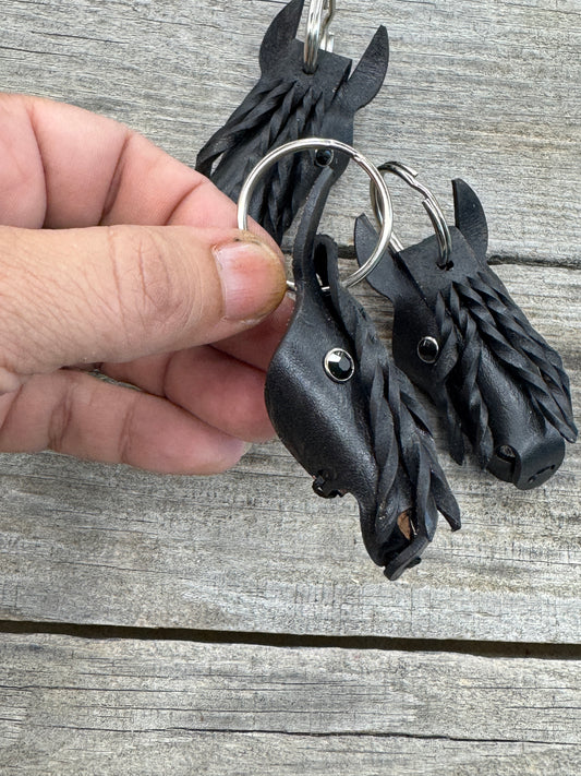 Hand Painted Friesian Horse Head Leather Keychain