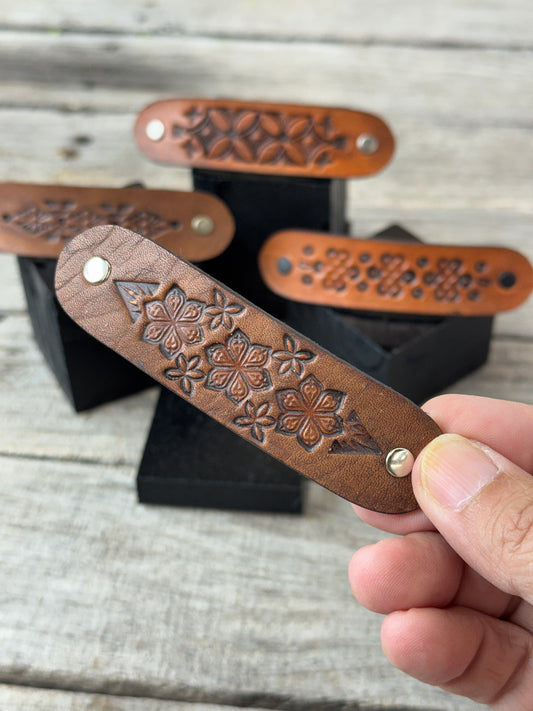 Hand Stamped Leather Hair Barrettes