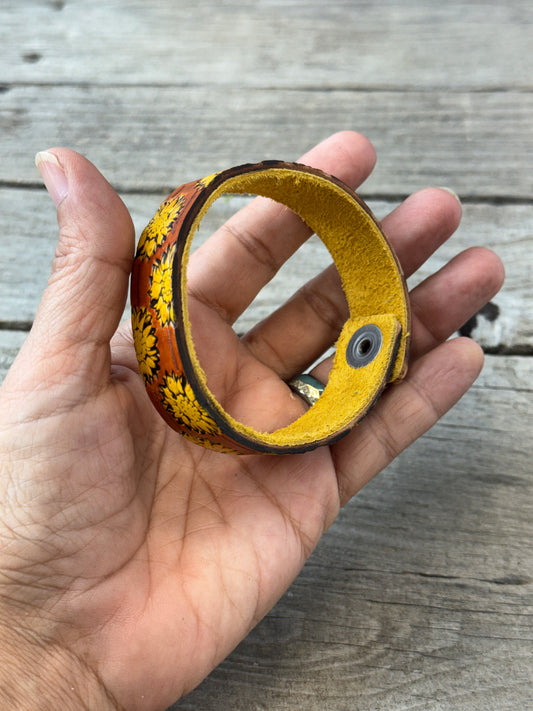 Hand Stamped Sunflower Narrow Cuff