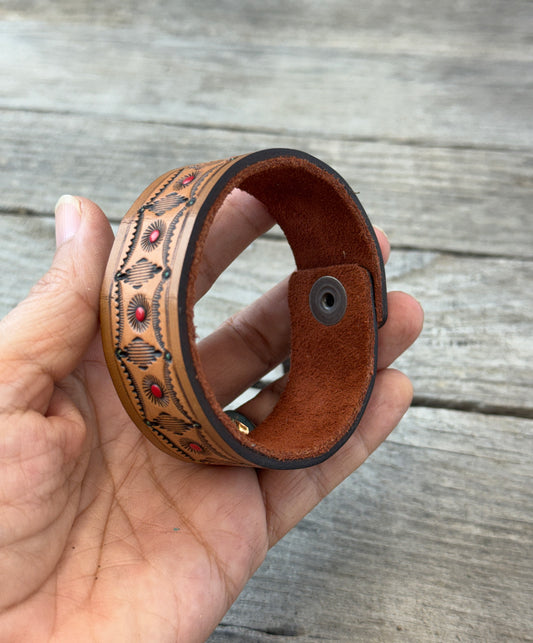 Hand Stamped Geometric Tribal Leather Cuff