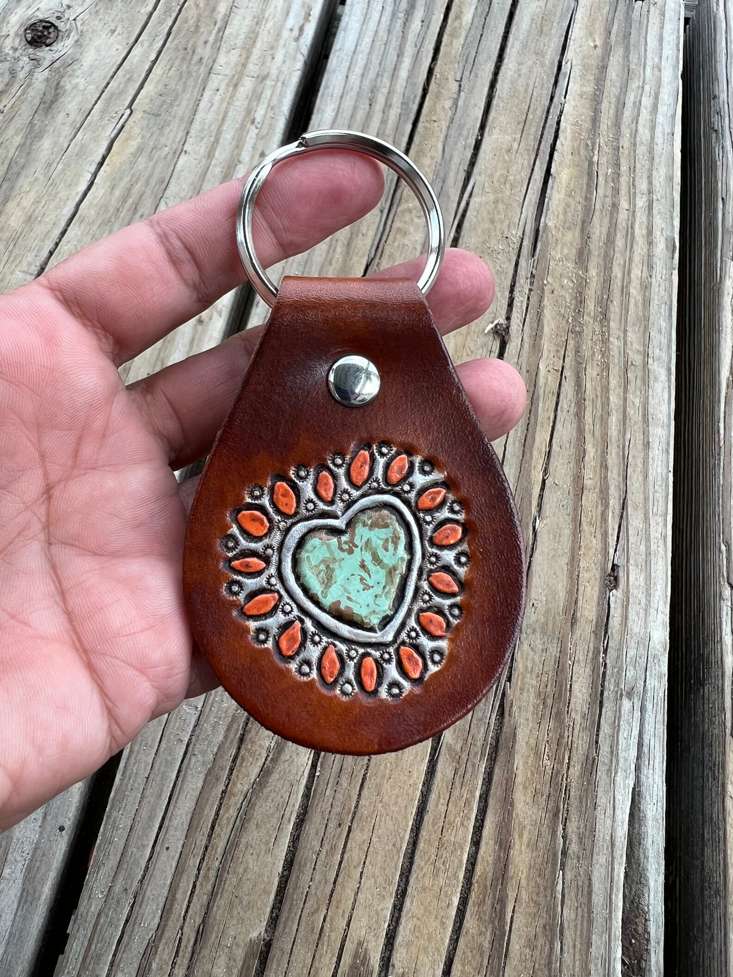 Custom Order Heart Style Painted Turquoise Leather Key Fob