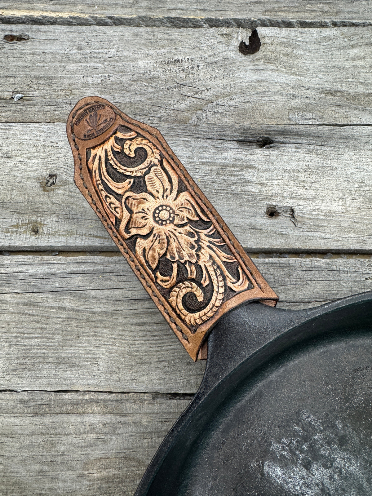 Leather Cast Iron Skillet Handle Cover – Floral & Scroll Design