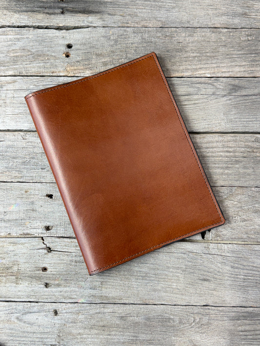 Smooth medium brown oil tanned leather composition notebook cover front view