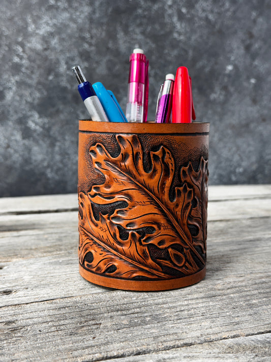 Oak Leaf Leather Desk Organizer – Handmade Pen Holder & Brush Holder