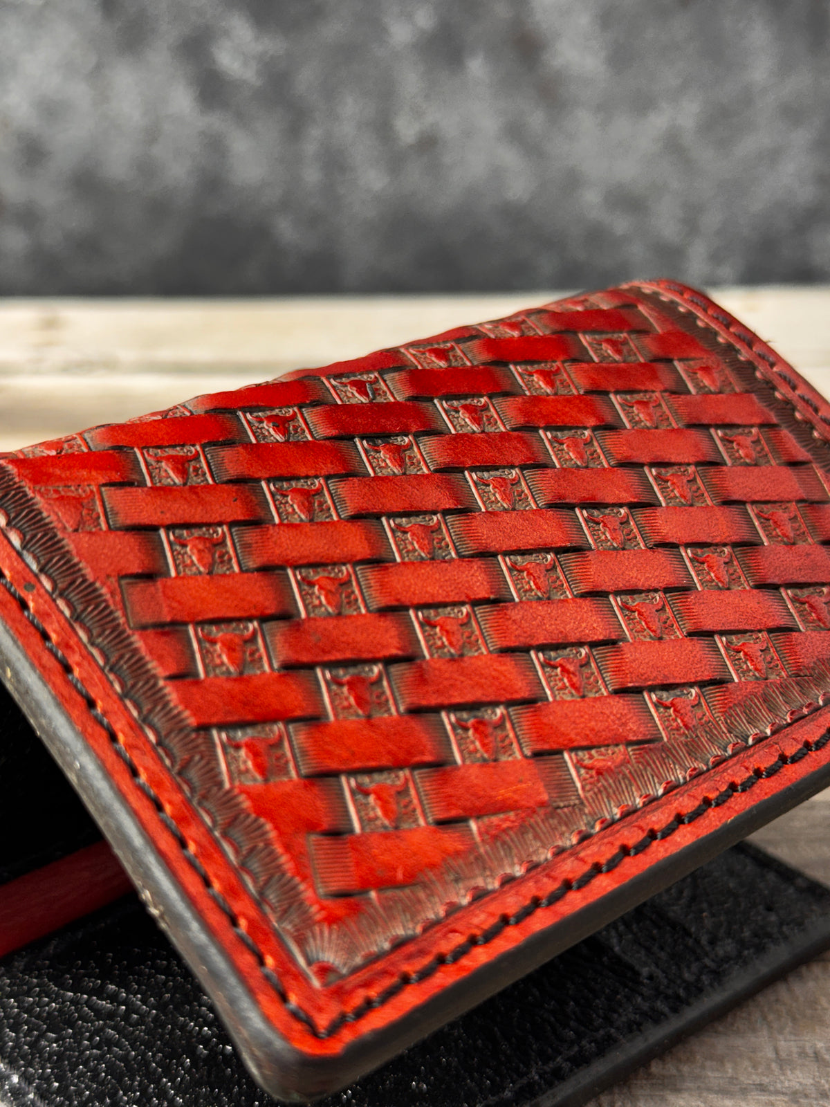 Texas Longhorn Basketweave Stamped Leather Trifold Wallet