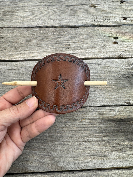 Texas Star hand stamped leather hair barrette with shell and oval border and bamboo hair stick.