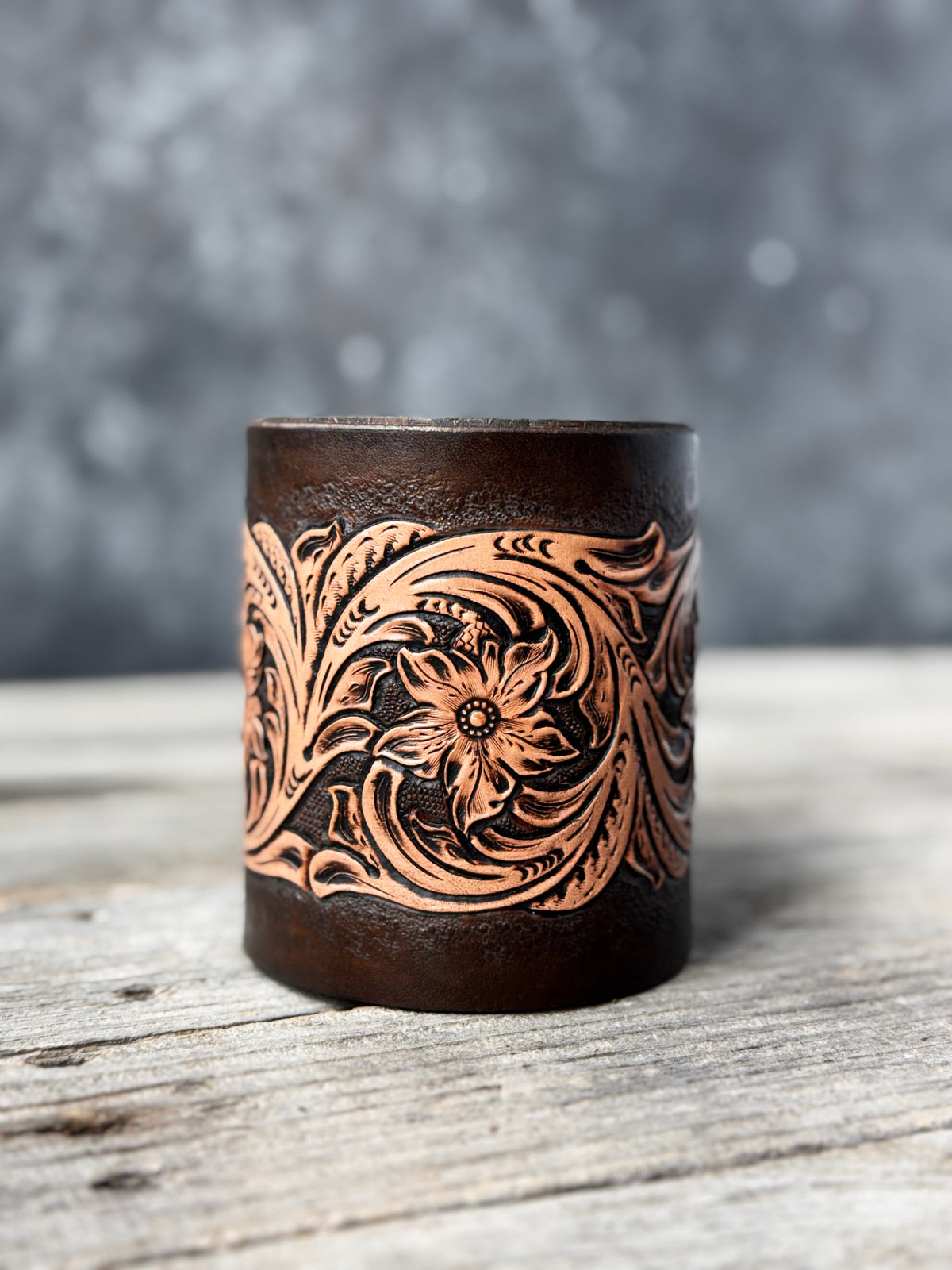 Sheridan Style Leather Desk Organizer – Hand Tooled Floral Pen Holder
