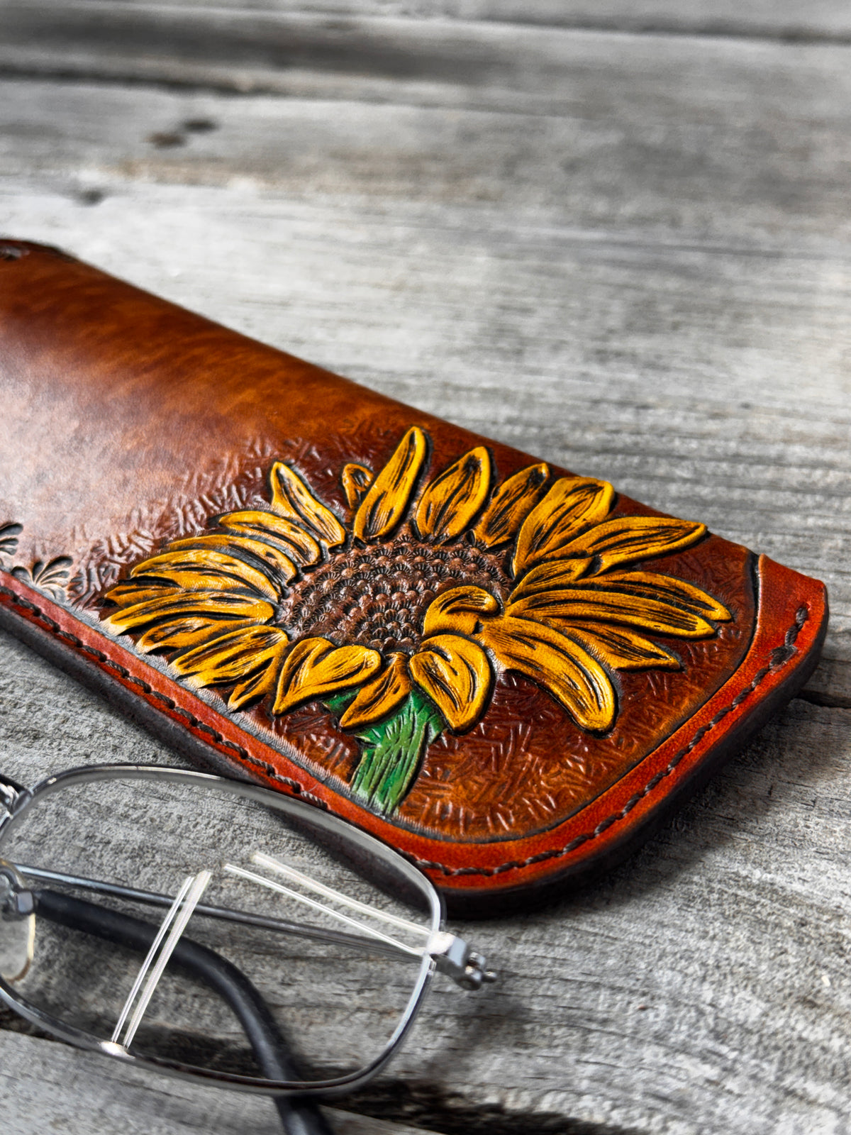 Hand Carved Sunflower Leather Eyeglass Case
