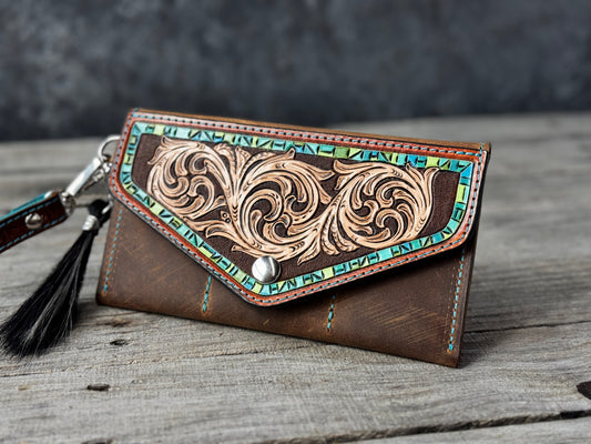 Hand Carved Turquoise Floral Leather Clutch Wallet with Horsehair Tassel