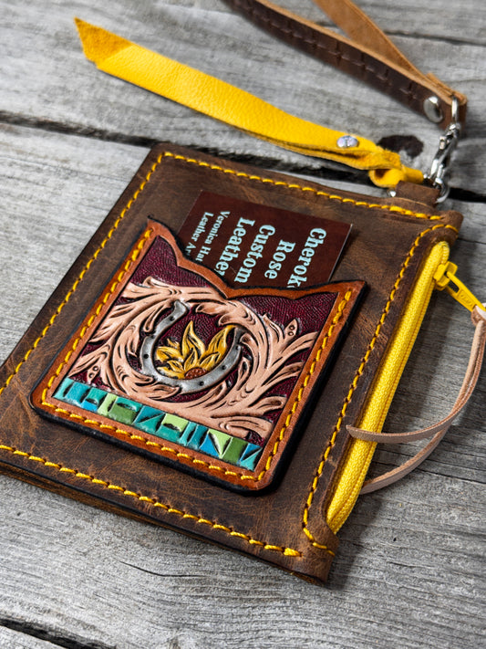 Western Horseshoe Leather Zippered Card Wallet Wristlet – Hand Tooled Floral