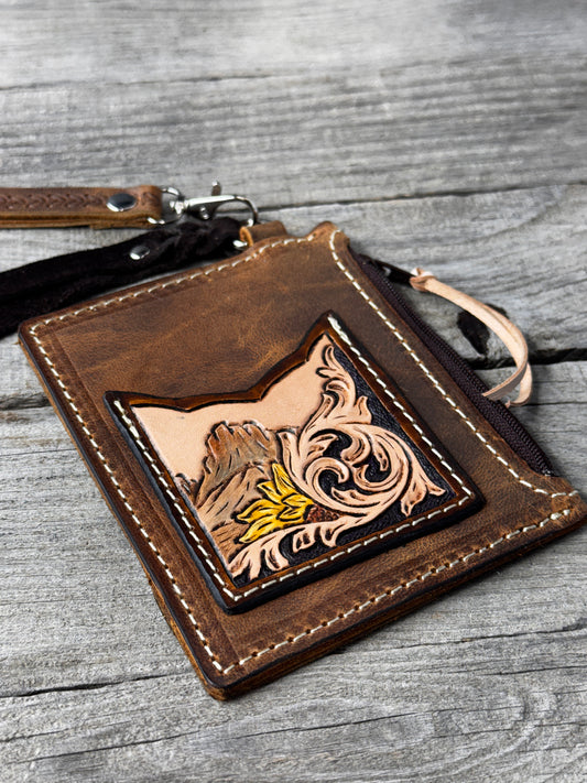 Mountain Sunflower Leather Zippered Card Wallet Wristlet – Hand Tooled Western