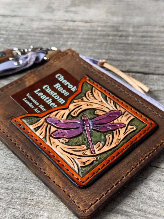 Purple Dragonfly Leather Zippered Card Wallet Wristlet – Hand Tooled Floral