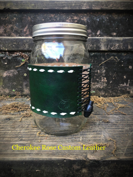 Emerald Green with White Buckstitching 32oz Mason Jar Wrap - Peyote Rose