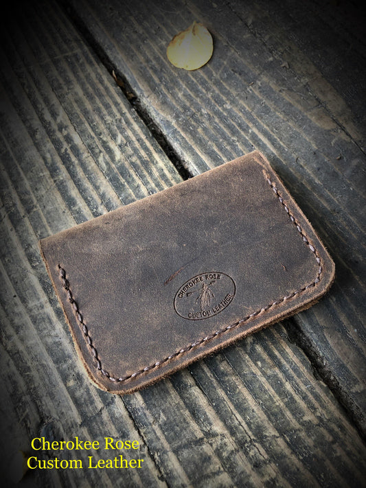 Minimalist Leather Card Wallet w/Brown Stitching - Peyote Rose