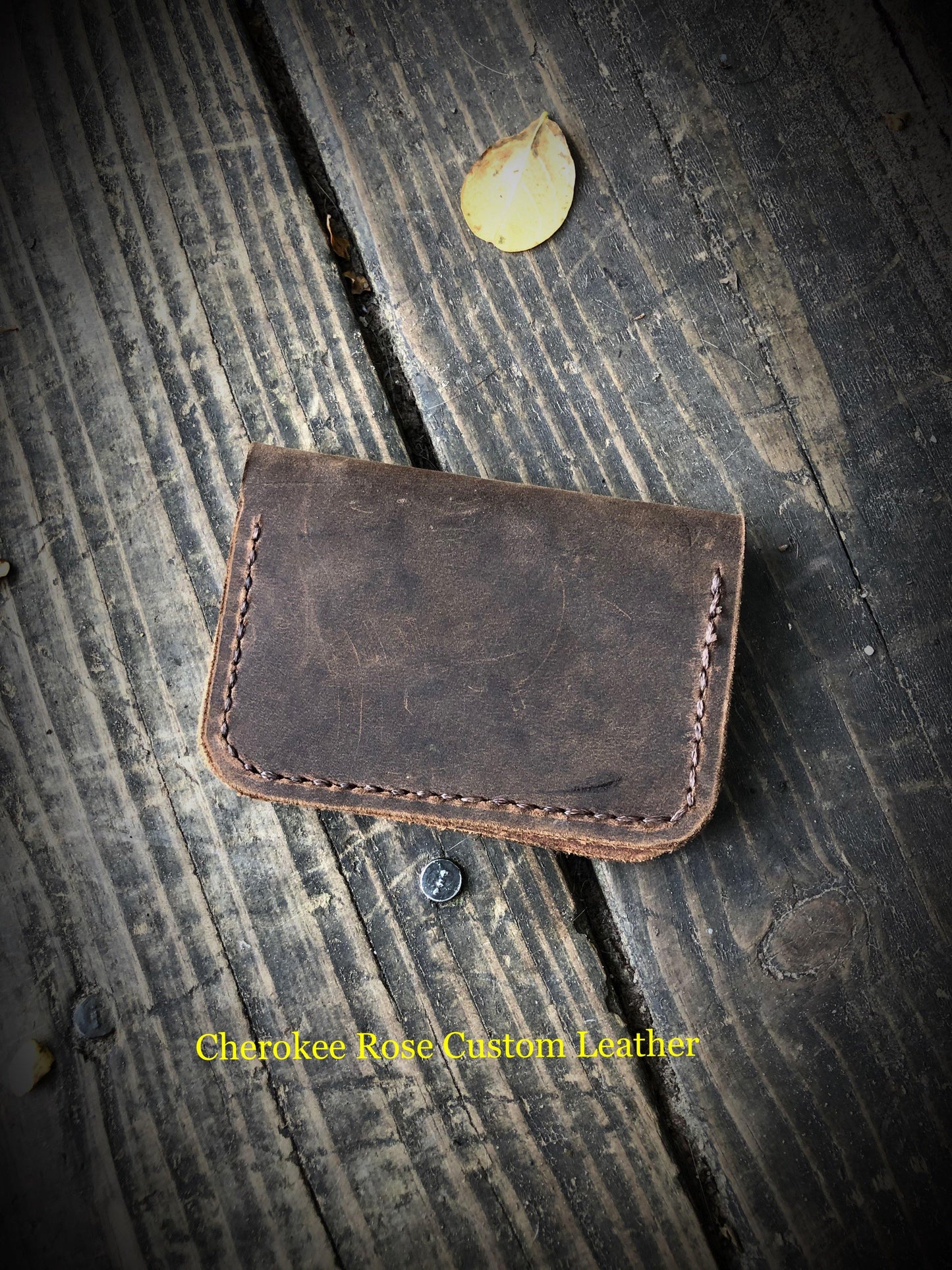 Minimalist Leather Card Wallet w/Brown Stitching - Peyote Rose