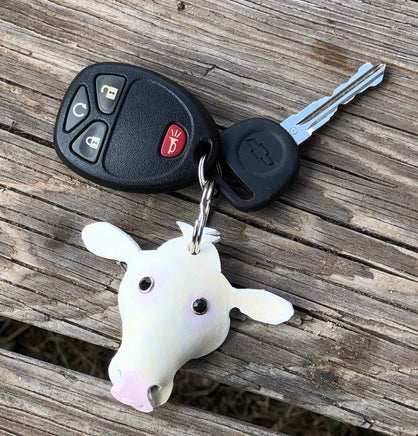 Hand Painted Charolais Cow Leather Keychain