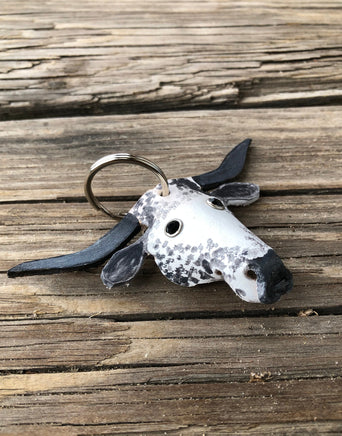 Hand Painted Black Speckled Texas Longhorn Leather Keychain