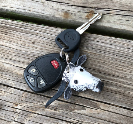 Hand Painted Black Speckled Texas Longhorn Leather Keychain