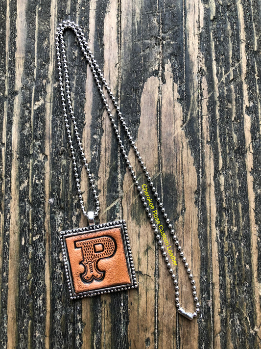 Western Block Letter 'P' Initial Leather Pendant Necklace