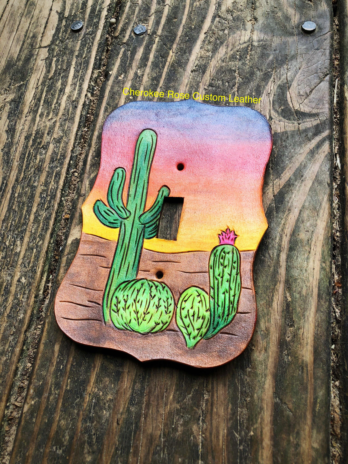 Hand Painted Desert Sunset Single Leather Light Switch Cover - Peyote Rose