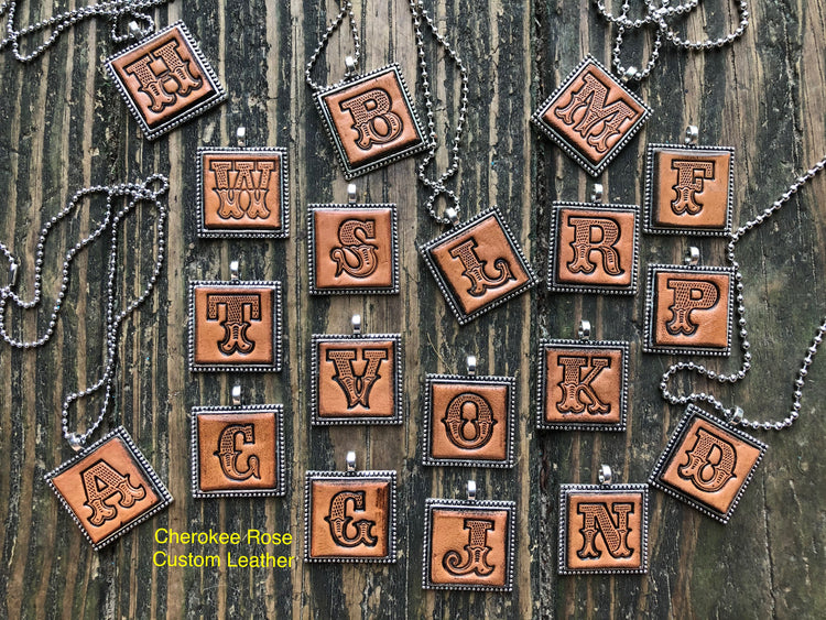 Hand stamped leather Initial Necklaces