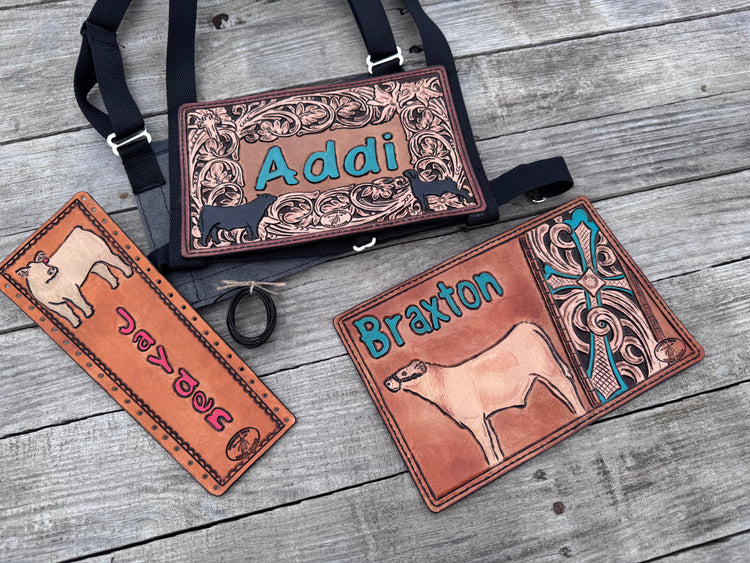 Handmade custom leather livestock show stick wrap and matching leather show harness, tooled and crafted in East Texas with Western style.