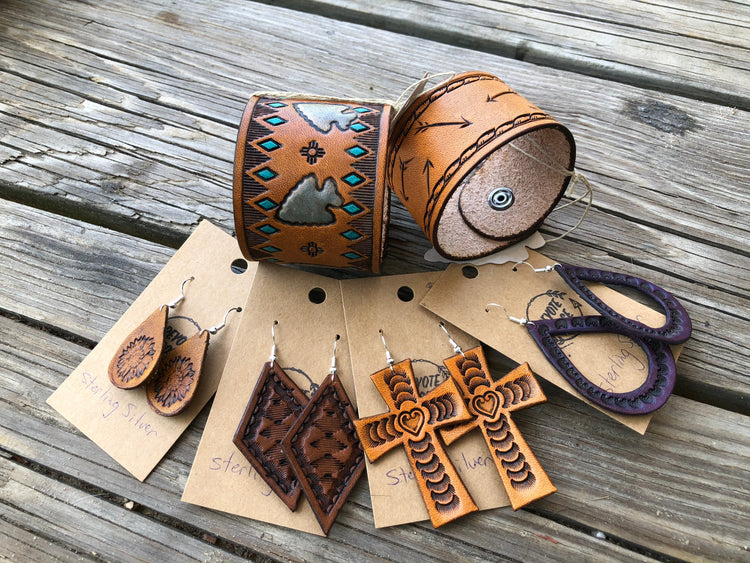 handmade leather bracelets and earrings