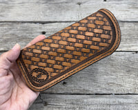 Hand stamped leather eyeglasses case with Texas longhorn basketweave pattern, handmade by Cherokee Rose Custom Leather