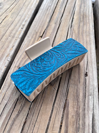 4 Inch Blue Embossed Leather on Cream Hair Claw Clip