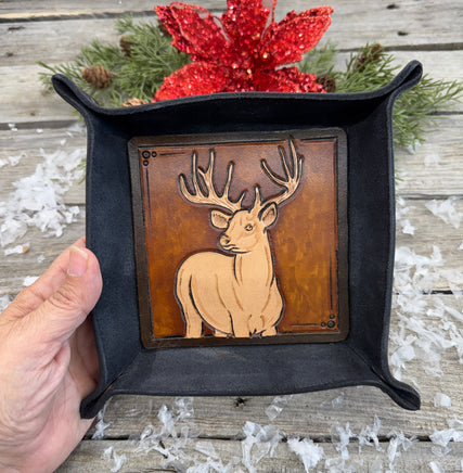 Hand-tooled leather valet tray featuring carved Big Buck deer with antlers, black-dyed handmade tray by Cherokee Rose Custom Leather in Texas.