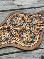 Hand tooled floral leather wedding bouquet wrap with turquoise highlights, shaped design, handmade in Texas by Cherokee Rose Custom Leather