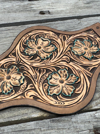 Hand tooled floral leather wedding bouquet wrap with turquoise highlights, shaped design, handmade in Texas by Cherokee Rose Custom Leather