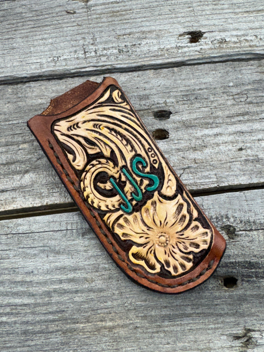 Custom Order- Vertical Style Carved Leather Pocket Knife Sheath