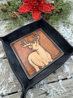 Hand-tooled leather valet tray featuring carved Big Buck deer with antlers, black-dyed handmade tray by Cherokee Rose Custom Leather in Texas.