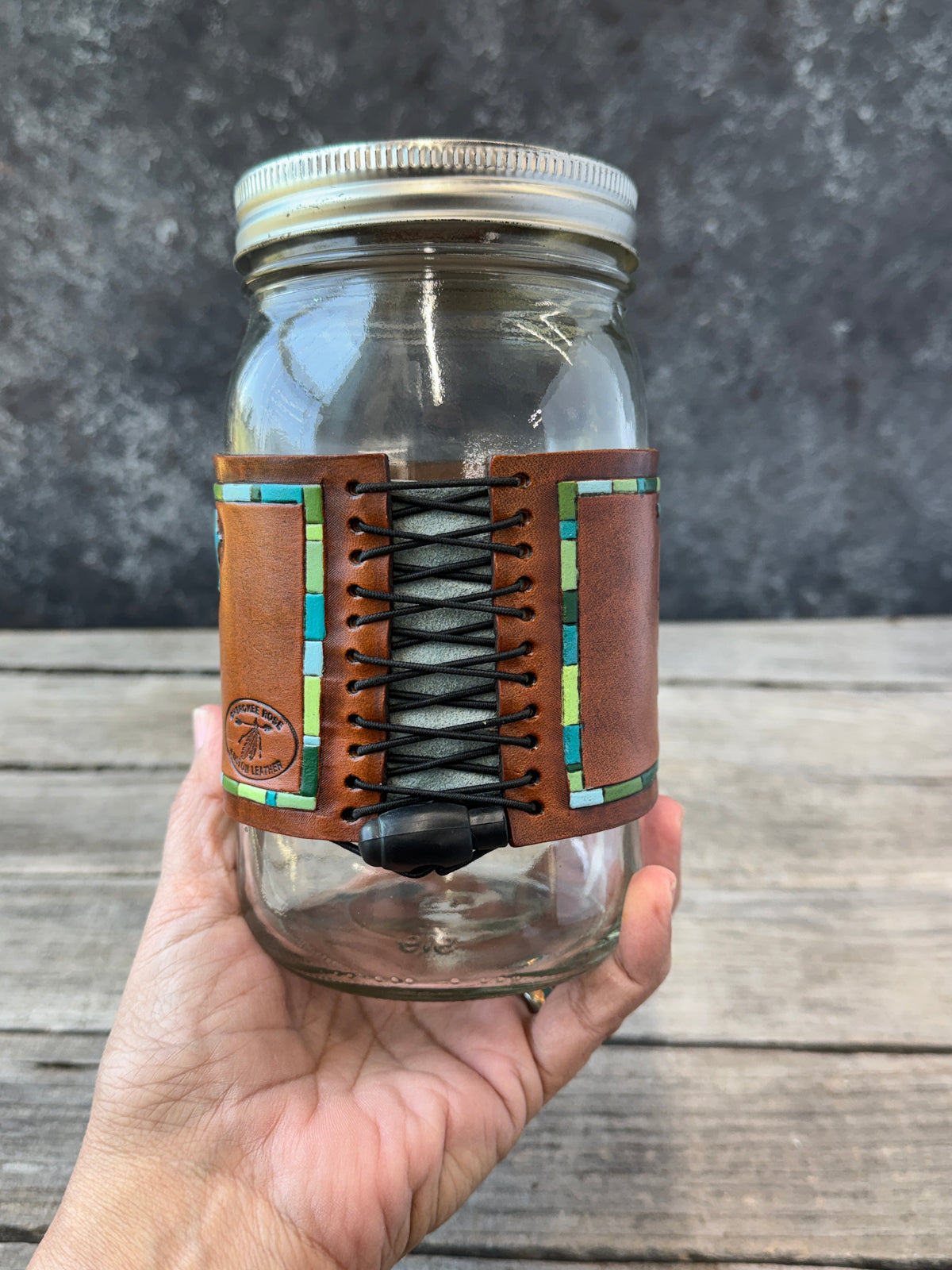 One of a Kind Hand Carved Leather Mason Jar Wrap – "Dreamer" Dreamcatcher Design