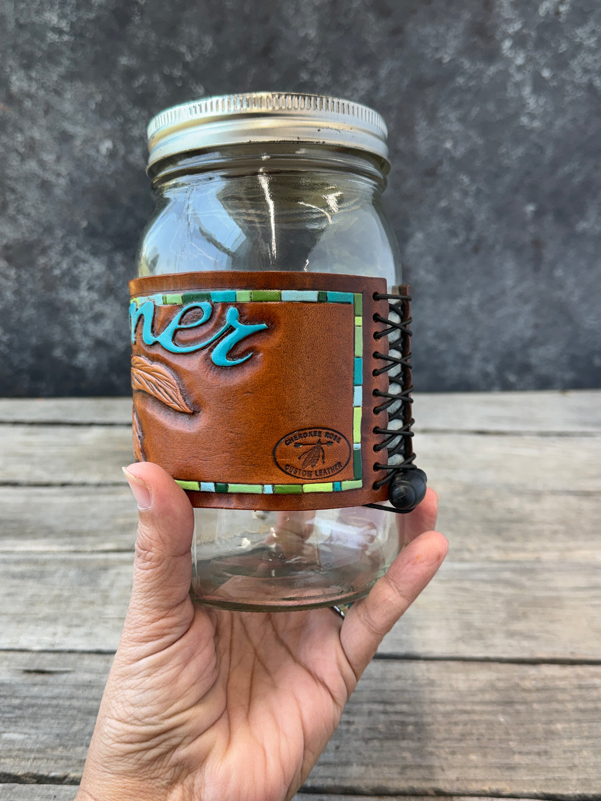 One of a Kind Hand Carved Leather Mason Jar Wrap – "Dreamer" Dreamcatcher Design
