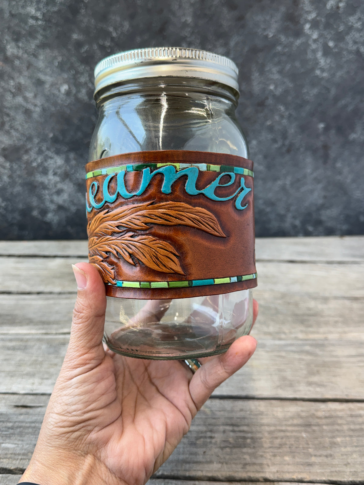 One of a Kind Hand Carved Leather Mason Jar Wrap – "Dreamer" Dreamcatcher Design