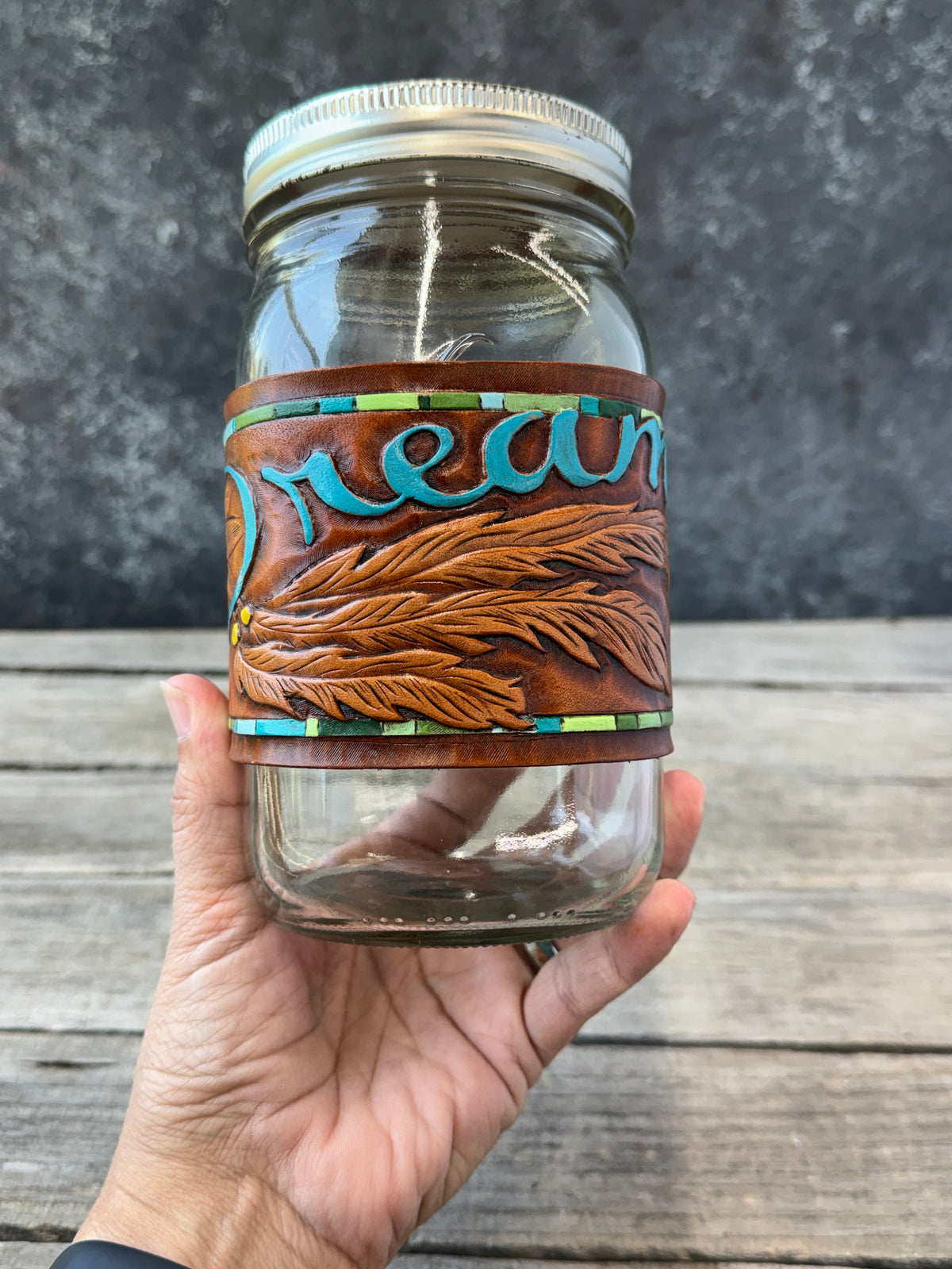 One of a Kind Hand Carved Leather Mason Jar Wrap – "Dreamer" Dreamcatcher Design