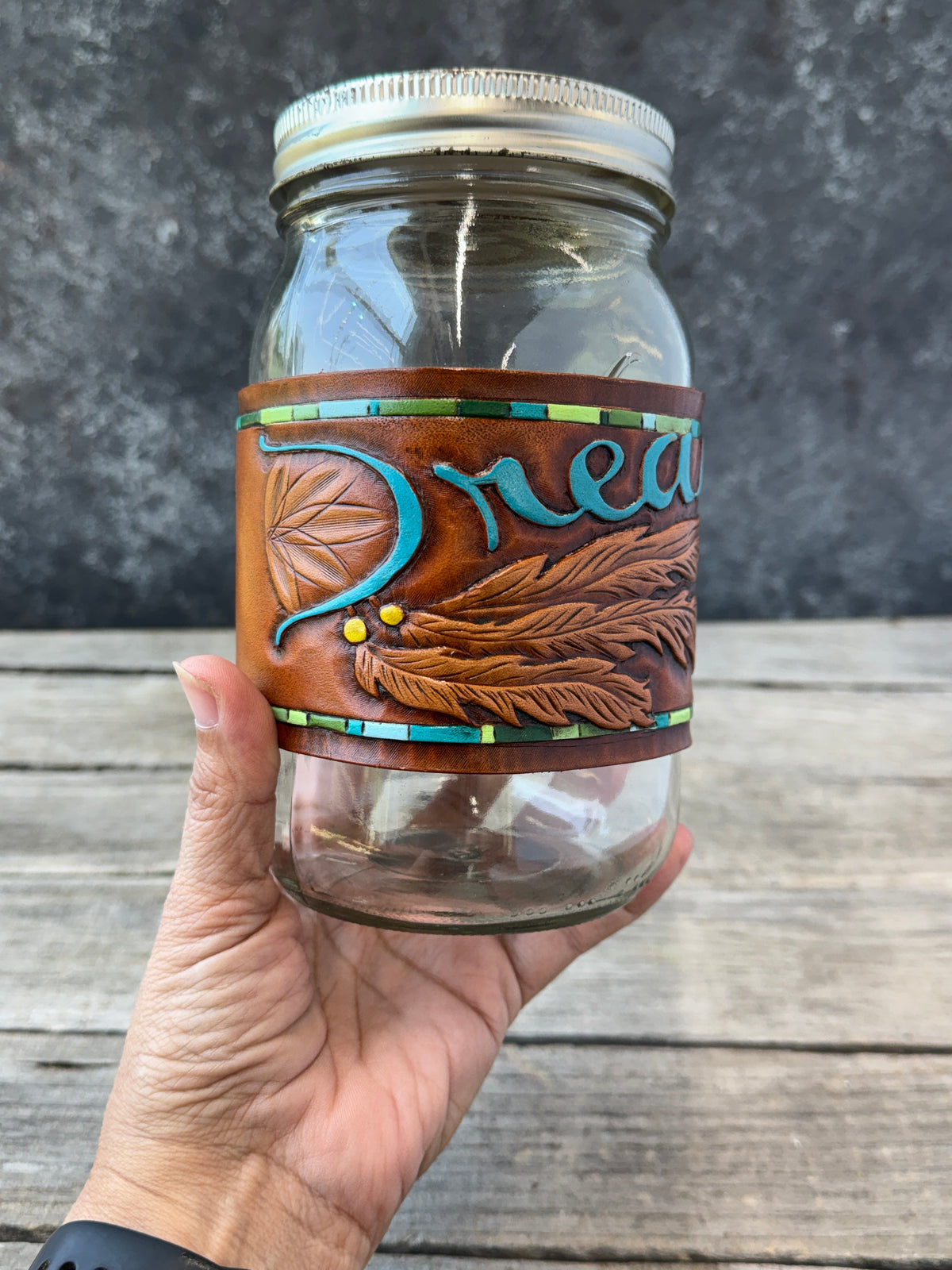 One of a Kind Hand Carved Leather Mason Jar Wrap – "Dreamer" Dreamcatcher Design