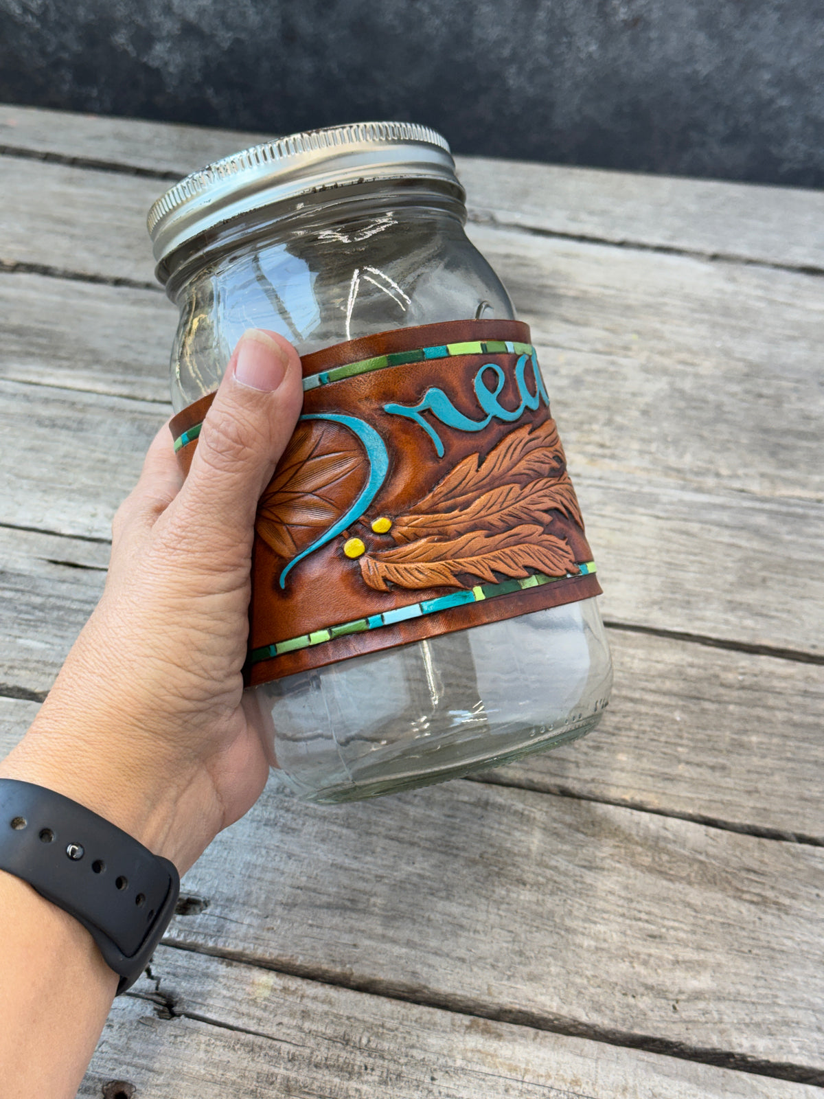 One of a Kind Hand Carved Leather Mason Jar Wrap – "Dreamer" Dreamcatcher Design