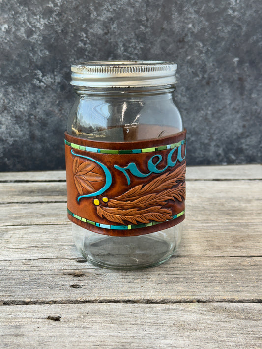 One of a Kind Hand Carved Leather Mason Jar Wrap – "Dreamer" Dreamcatcher Design