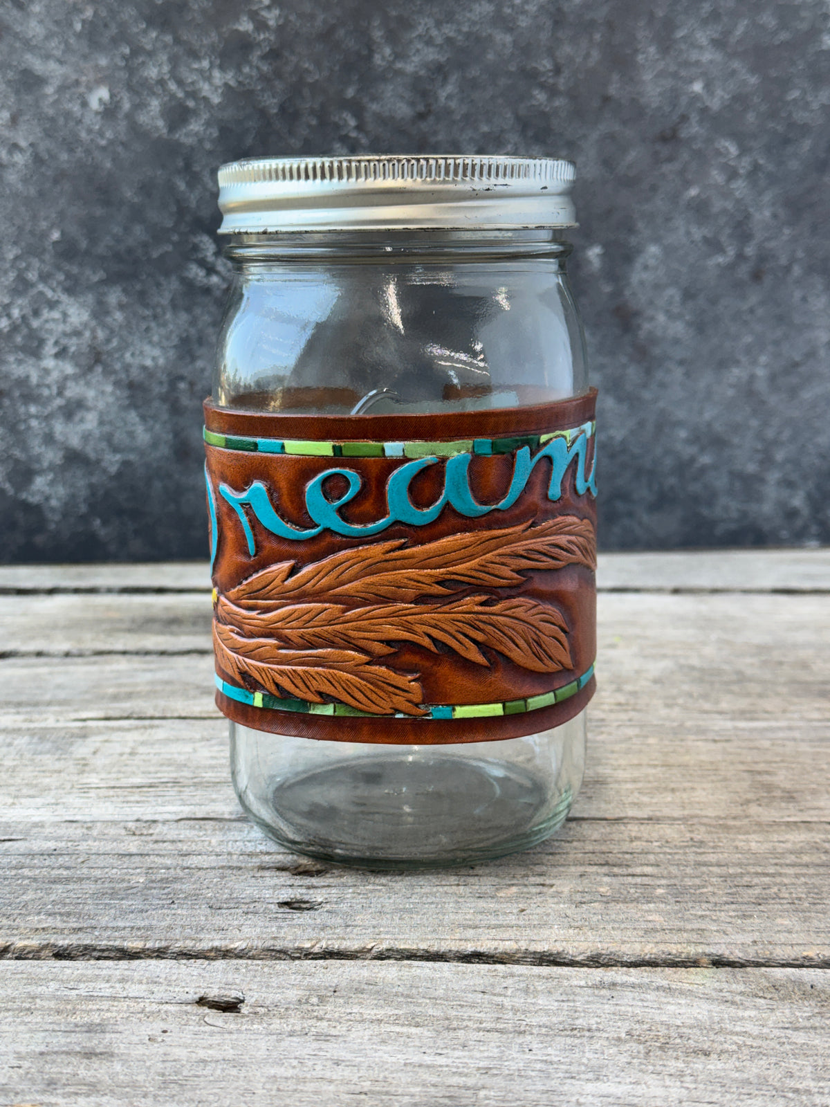 One of a Kind Hand Carved Leather Mason Jar Wrap – "Dreamer" Dreamcatcher Design