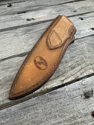 Handmade light brown leather knife sheath for 6–6½" fixed blade knives, hand stitched with brown waxed thread by Cherokee Rose Custom Leather.
