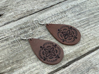 Large Flower Stamped Teardrop Leather Earrings