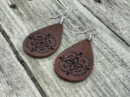 Large Flower Stamped Teardrop Leather Earrings