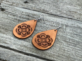 Geometric Stamped Teardrop Leather Earrings